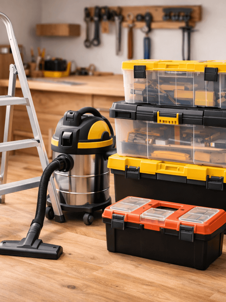 Organização e apoio: Escadas, aspirador de pó, caixa de ferramentas, caixa organizadora, organização