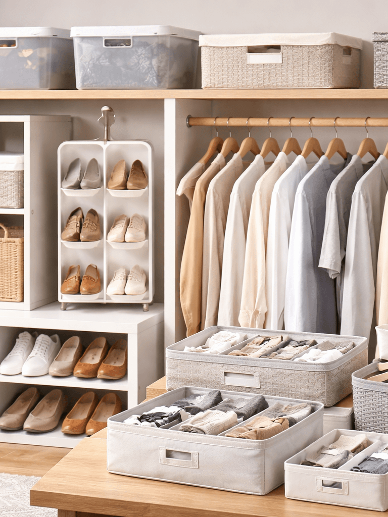 Organização: caixas organizadoras, tapeware, araras, nichos, cabides, separador de roupas, caixas 