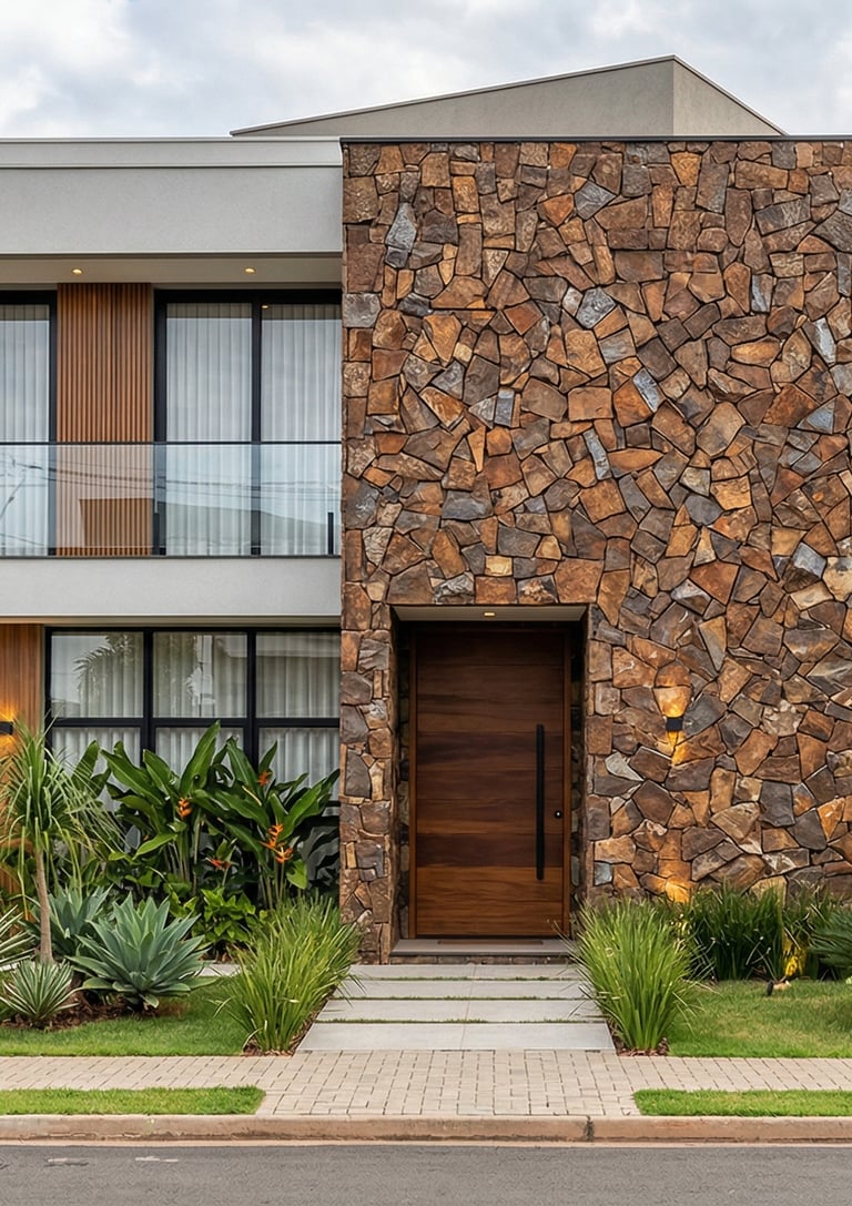 Pedra Ferro Filete Mosaico, assentada na parede fachada de uma casa de alto padrao