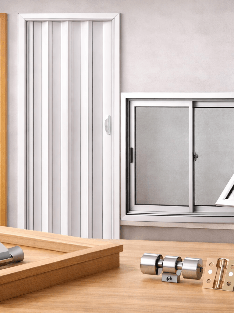 Portas e janelas: portas de madeira, sanfonada, janela sassazaki, esquadria de alumínio, dobradiças,