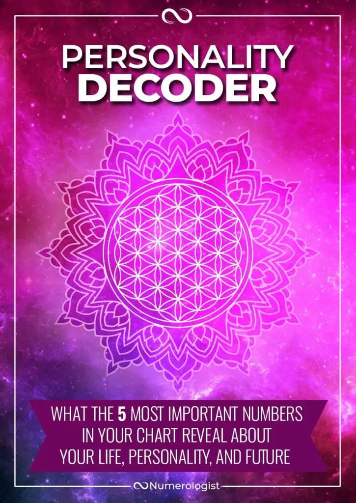 " 'Personality Decoder' cover with pink-purple galaxy background and a mandala/flower-of-life symbol; Numerologist"