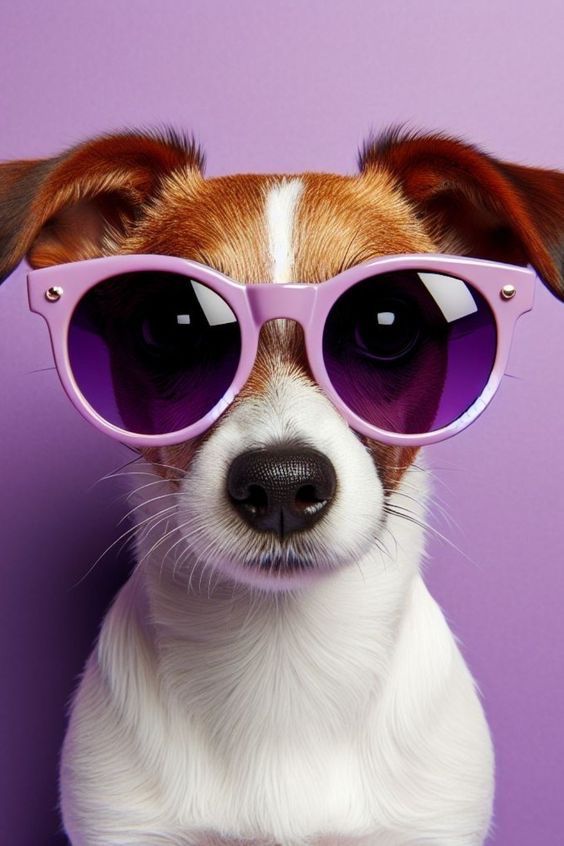 Adorable perro Jack Russell terrier con gafas de sol moradas sobre un fondo morado sólido.