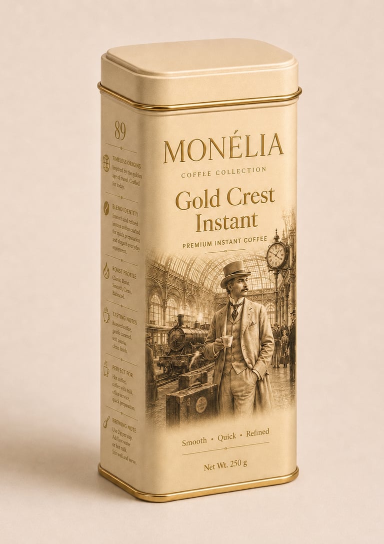 MONÉLIA Gold Crest Instant premium instant coffee in a gold 250 g tin inspired by the golden age of
