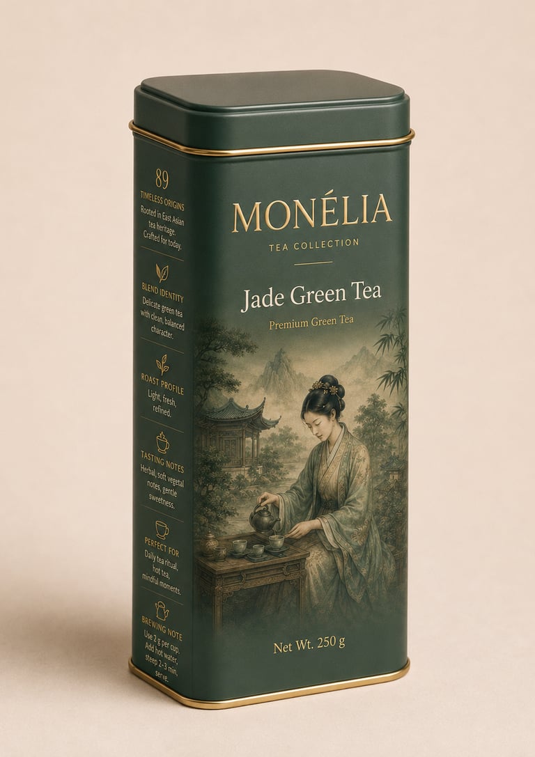 MONÉLIA Jade Green Tea premium green tea in a jade green 250 g tin with traditional East Asian tea a