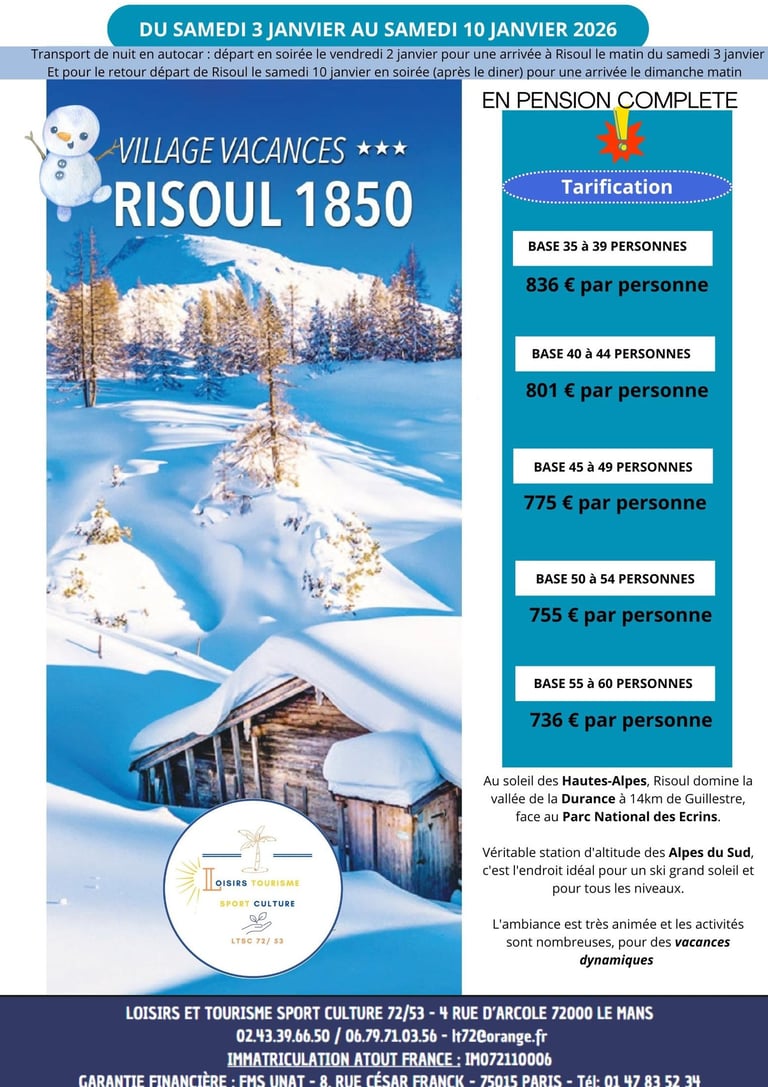 Affiche indiquant un séjour à Risoul du 2 au 11 janvier 2026. Incluant le transport de nuit au départ du Mans