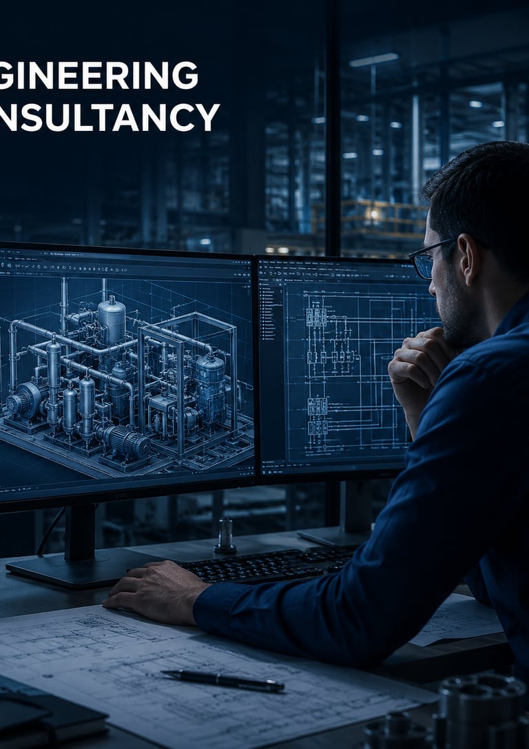 An engineer reviewing a 3D industrial CAD model for an engineering consultancy firm.