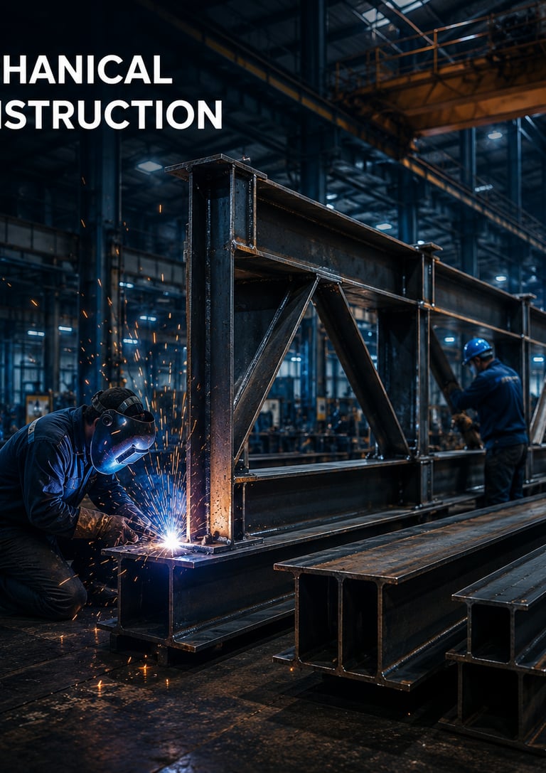 Industrial welder fabricating a steel beam for mechanical construction in a large factory setting.