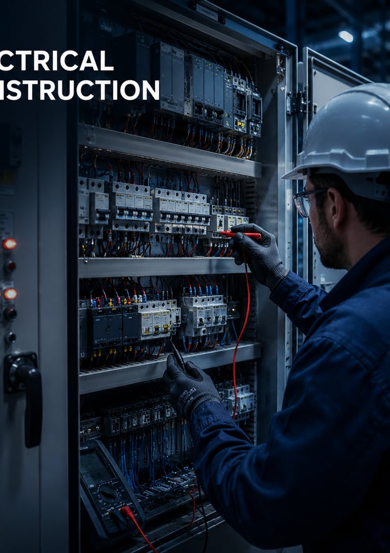 An electrician in a hard hat performing electrical construction on an industrial control panel.