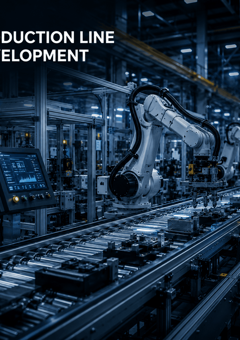 Automated industrial production line featuring robotic arms and conveyor belts in a modern smart factory.