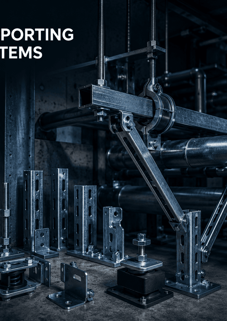Industrial metal pipe supporting systems and strut channel hardware in a factory setting.