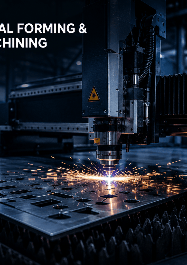 Industrial fiber laser cutting machine performing precision metal forming and machining with sparks.