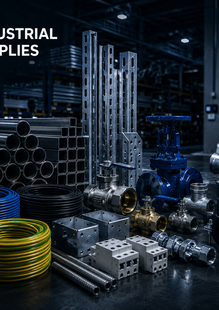 Collection of industrial supplies including steel pipes, valves, fittings, and cables in a warehouse.