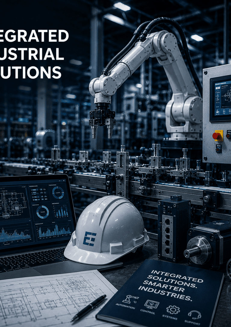 Integrated industrial automation solutions featuring a robotic arm, control panel, and factory monitoring software.