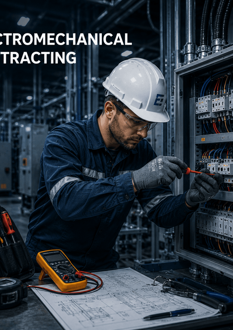 An electromechanical technician in a hard hat repairing an electrical control panel with tools.