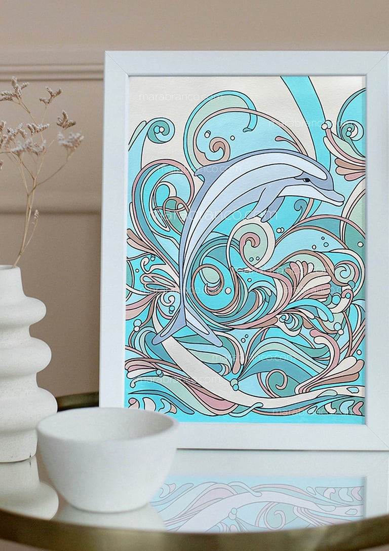 Framed dolphin art print with blue and pink swirls design by Mara Branco in a modern room setting.
