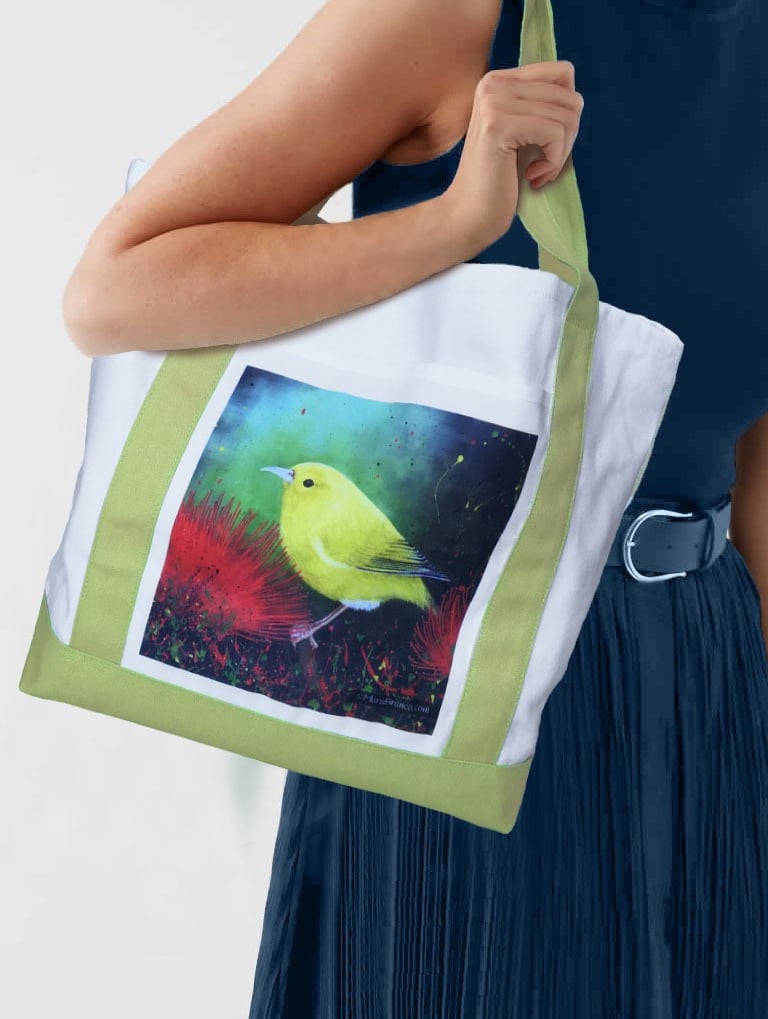White canvas tote bag featuring a hawaiian endemic bird painting by Mara Branco.