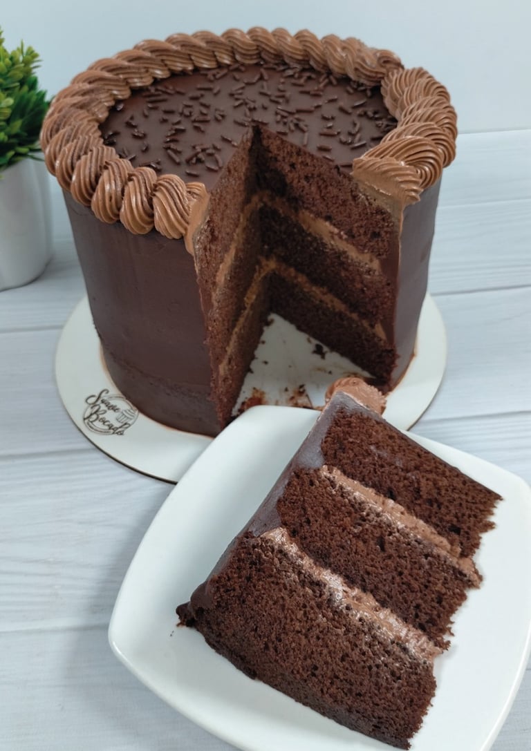 a chocolate cake with chocolate frosting and chocolate frosting