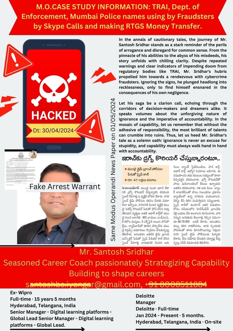 Victim Santhosh Sridhar TRAI Dept of Enforcement Skype Calls by Fraudsters