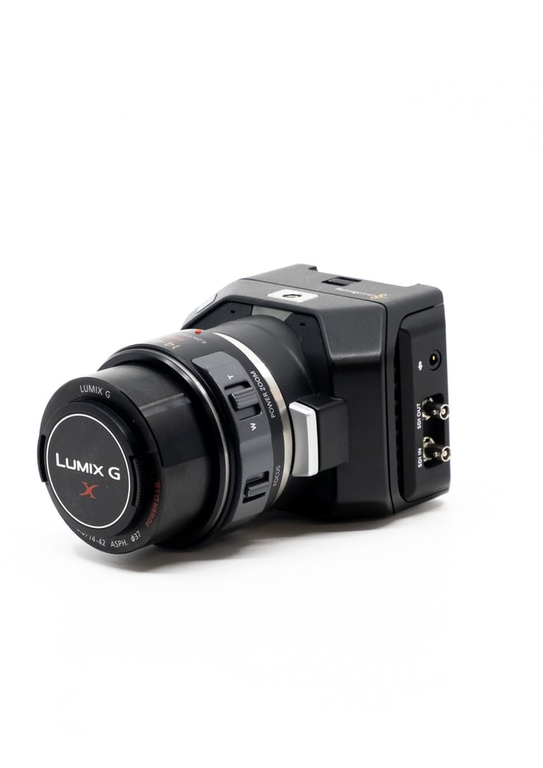 Blackmagic Micro Studio Camera 4K with a Lumix G lens for professional video production.