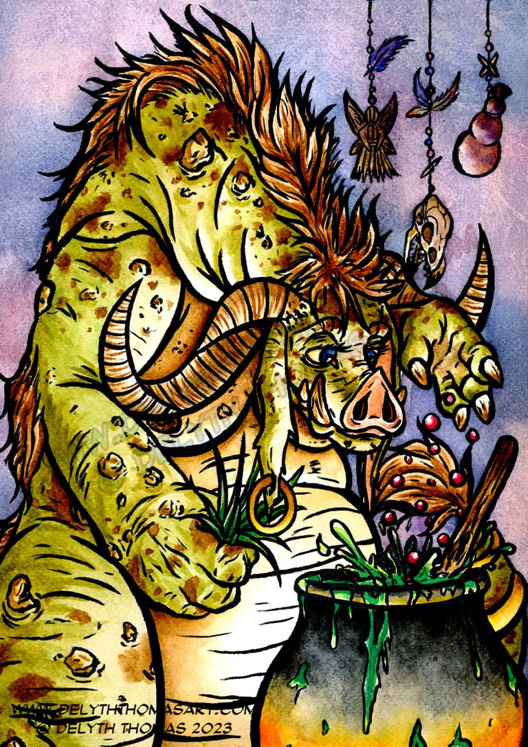 A Troll tends a cauldron of medical mixstures. Watercolour and ink.