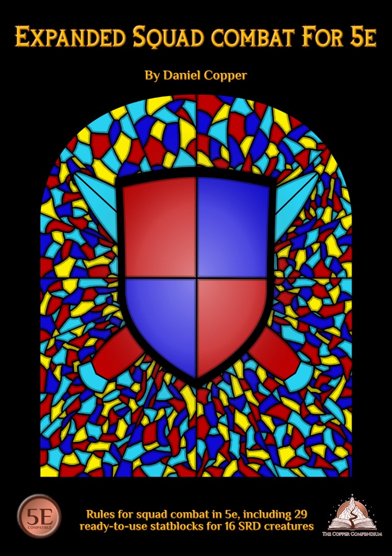 The cover of Expanded Squad Combat For 5e, showing a stained glass effect with a shield and crossed blades.