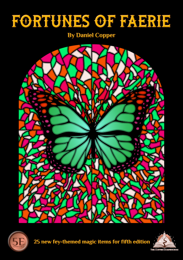 The cover of Fortunes of Faerie, showing a stained glass effect with a butterfly.