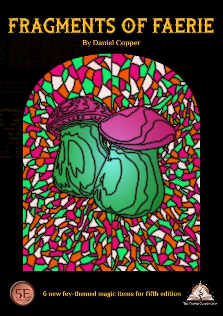 The cover of Fragments of Faerie, showing a stained glass effect with 2 mushrooms