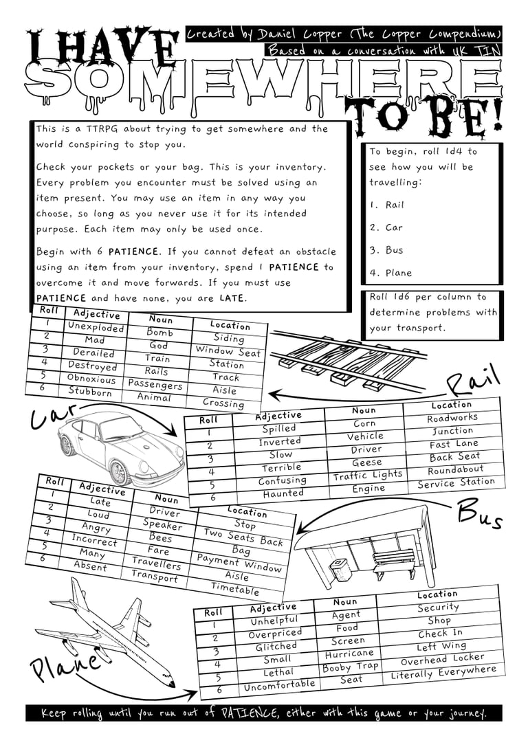 The cover of I HAVE SOMEWHERE TO BE. The page is cluttered with askew tables, boxes and illustrations.