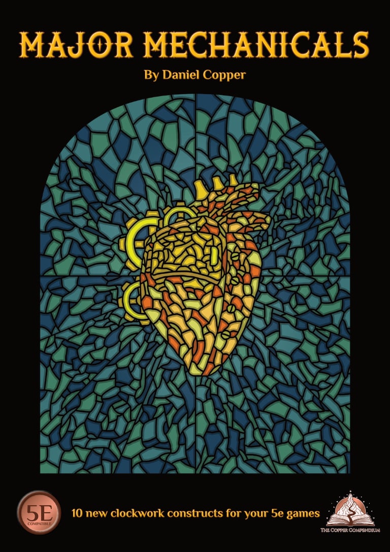The cover of Major Mechanicals, showing a stained glass effect with a mechanical heart.