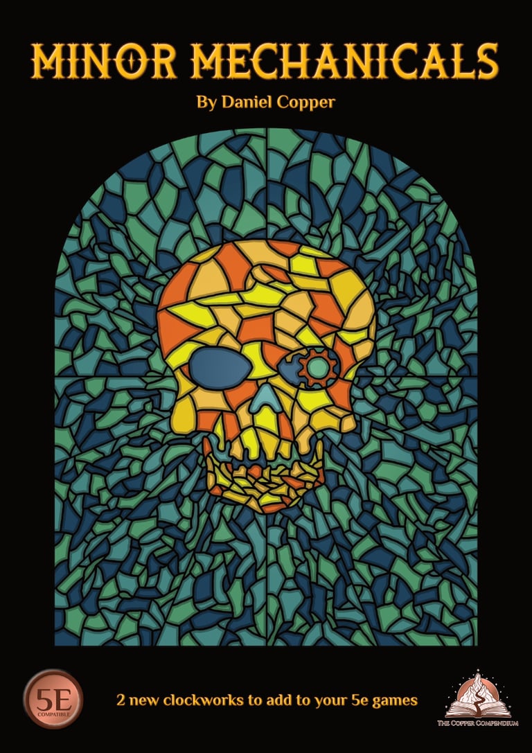 The cover of Minor Mechanicals, showing a stained glass effect with a skull with cogs in one eye.