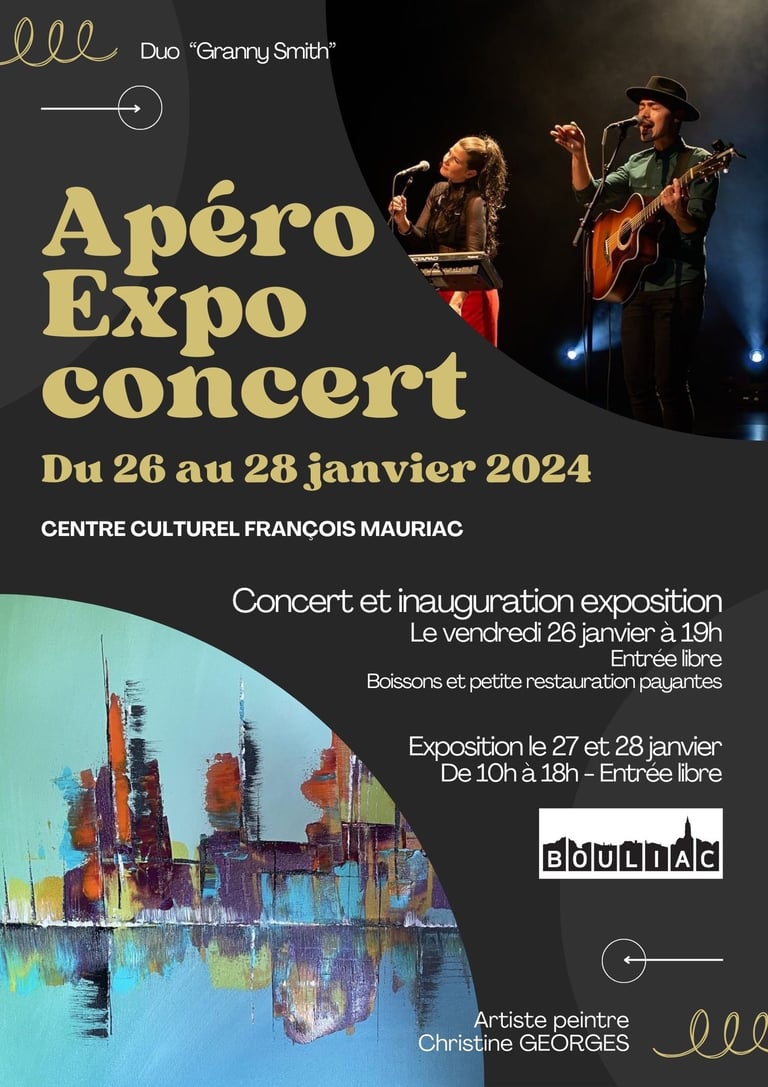Une affiche d 'exposition de peinture avec un évènement concert