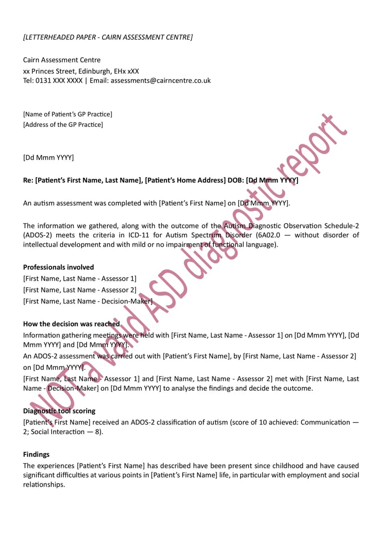 Redacted example of an illegitimate autism diagnostic report in Scotland - page 1 of 2.