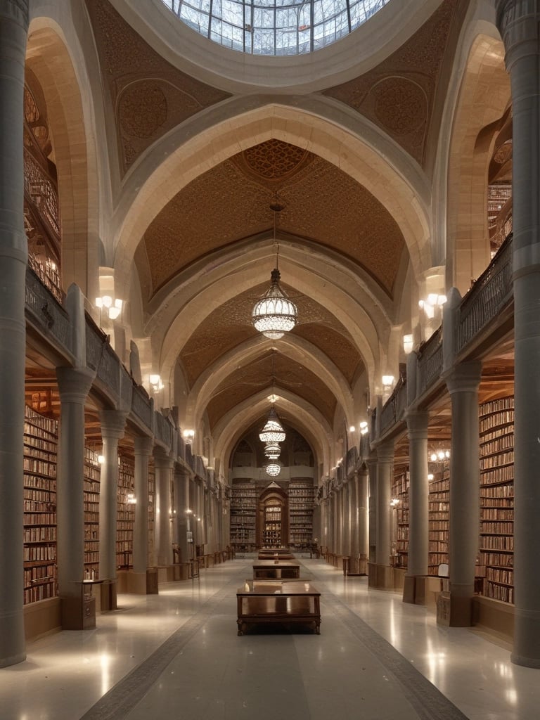 Two individuals are standing in front of two bookcases labeled 'Free Islamic Books.' The bookcases are filled with various books and pamphlets. The man is holding a book, and there is a carpet on the floor.