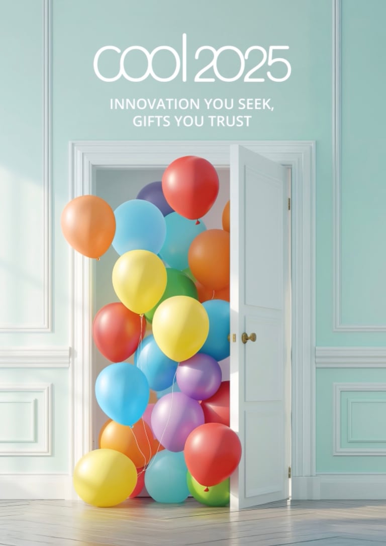 Colorful birthday balloons spilling out of a white door in a teal room for a Cool 2025 celebration.