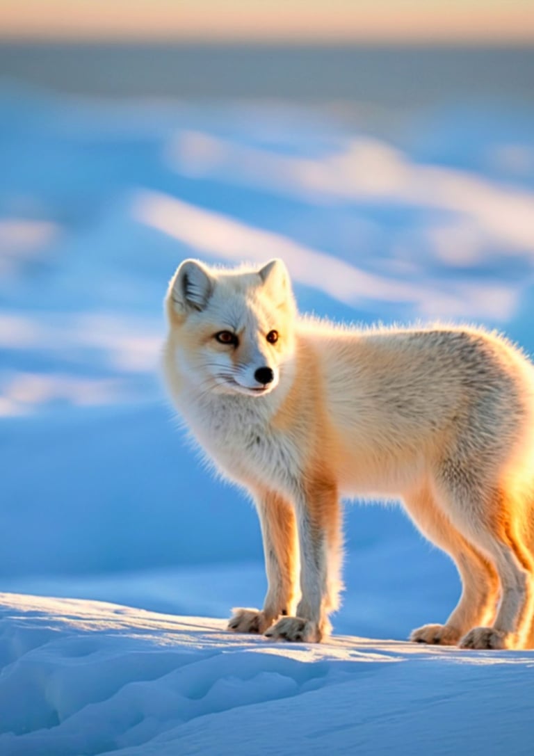An Arctic fox with white fur standing on blue snow during a golden sunset.