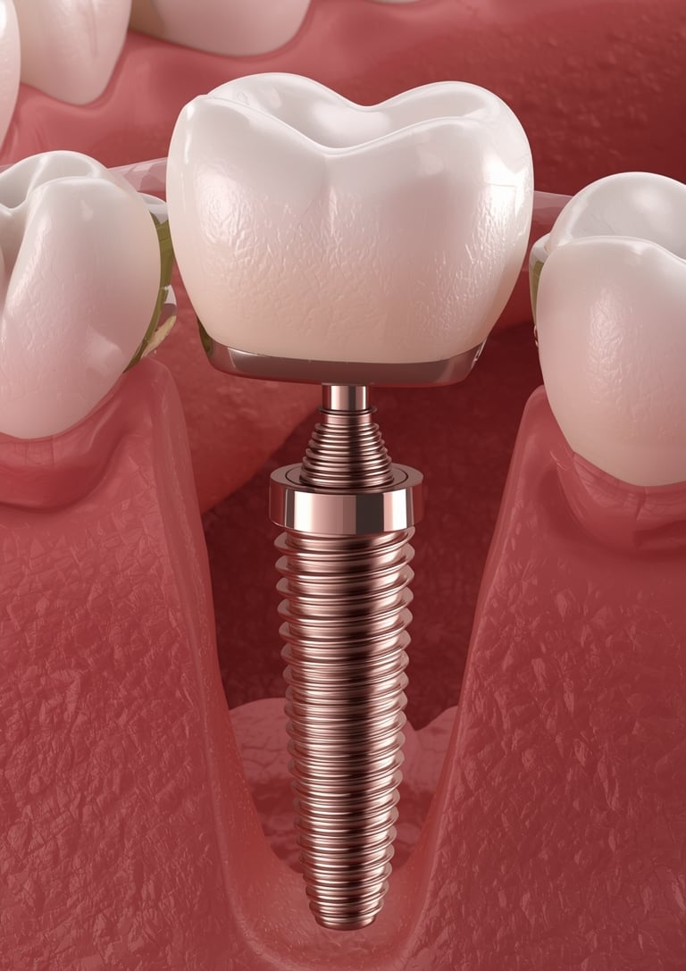 Implante dental de titanio integrado en hueso maxilar con corona dental - Clínica DUPRINS Lima