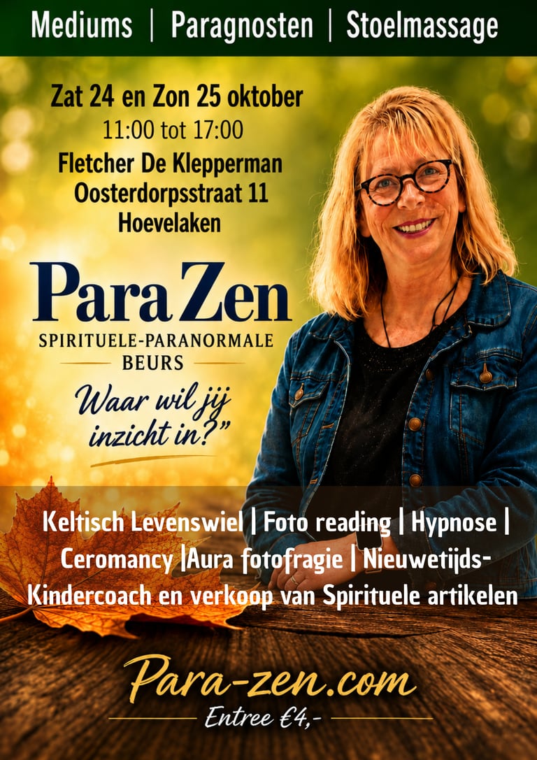 Poster for ParaZen spirituele-paranormale beurs in Hoevelaken featuring a smiling woman and event details.