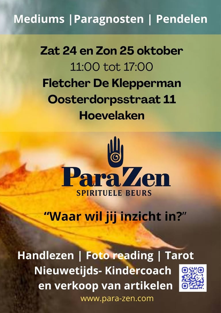 Poster for ParaZen spirituele beurs in Hoevelaken featuring tarot, mediums, and paragnosten.