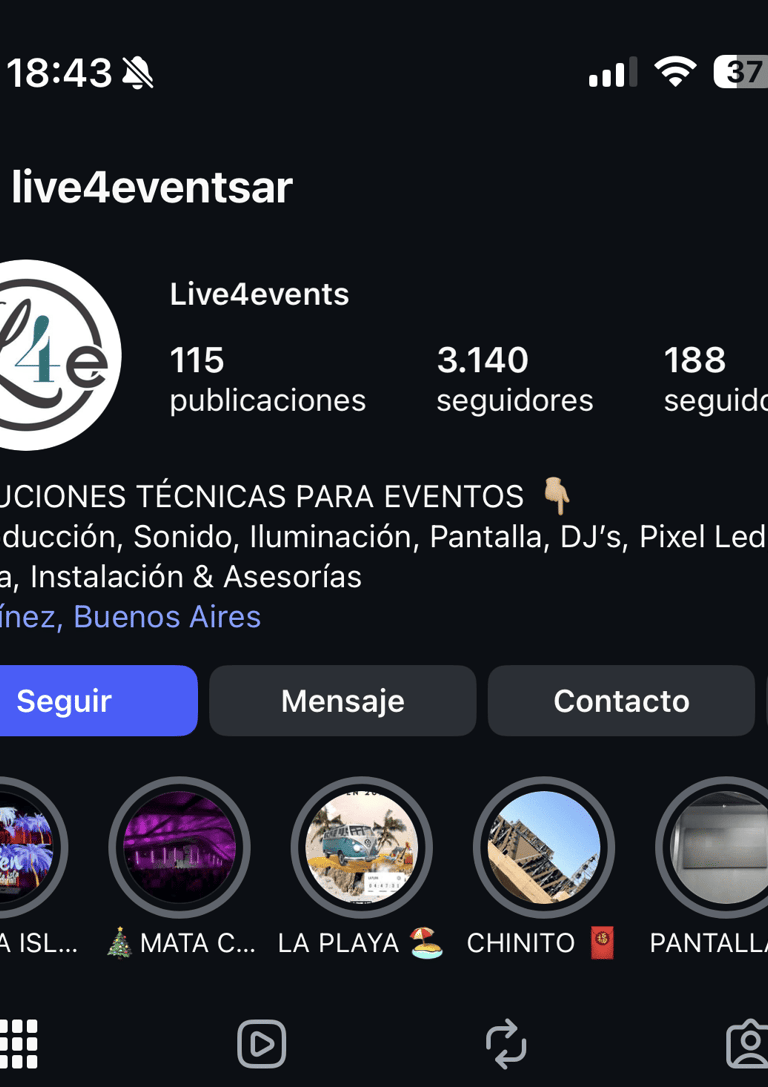 Perfil de Instagram de Live4events mostrando soluciones técnicas y servicios de producción tecnica