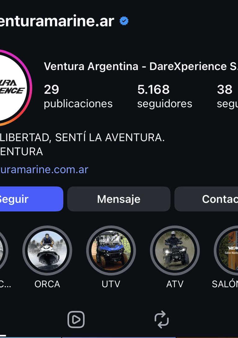 Captura de pantalla del perfil de Instagram de Ventura Argentina que muestra barcos, UTV y vehículos