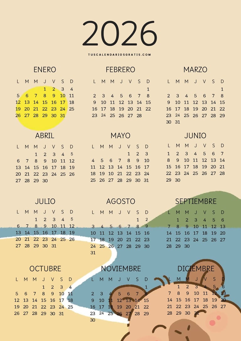 2026 Calendario anual bonito diseño kawaii con capibara