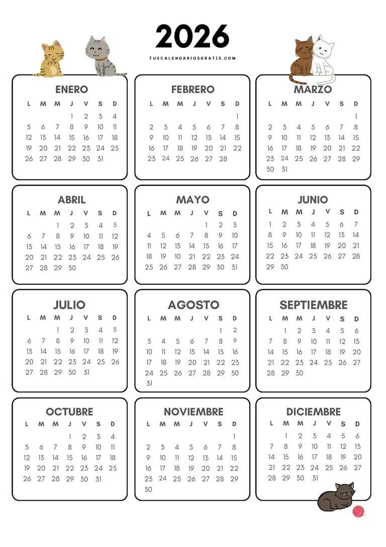 Calendario 2026 de gatitos para imprimir gratis en PDF diseño adorable tamaño A4