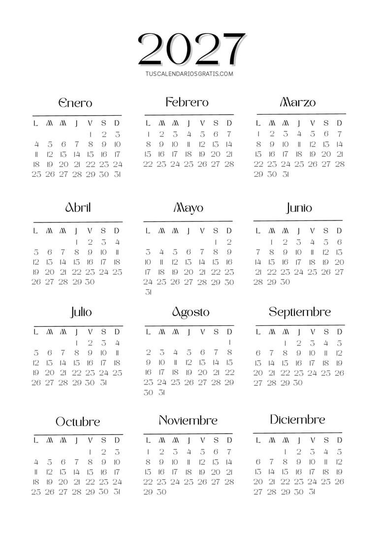 Calendario 2027 minimalista imprimible gratis con vista completa de los 12 meses del año.