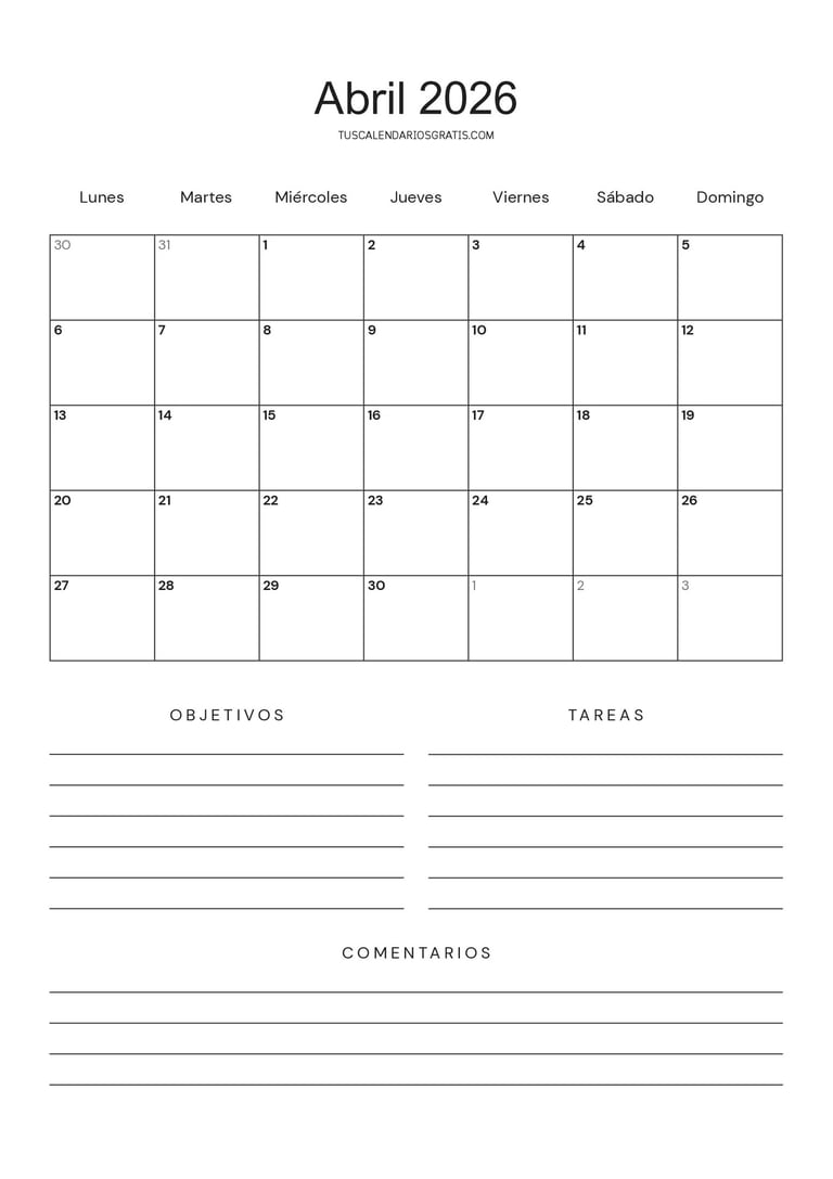 Calendario abril 2026 minimalista imprimible con espacio para objetivos y lista de tareas
