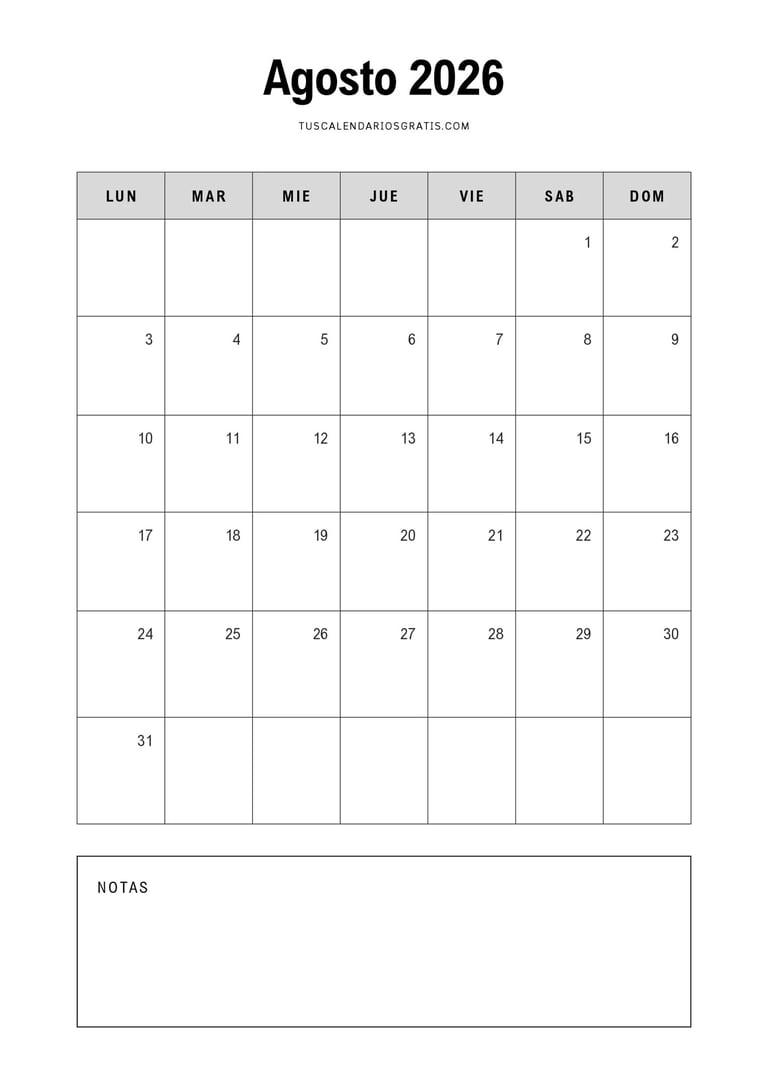 Calendario agosto 2026 minimalista para imprimir gratis con espacio para notas