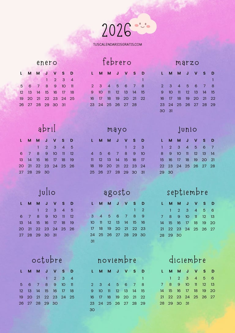 calendario anual 2026 arco iris para imprimir gratis diseño colorido organización planificación 