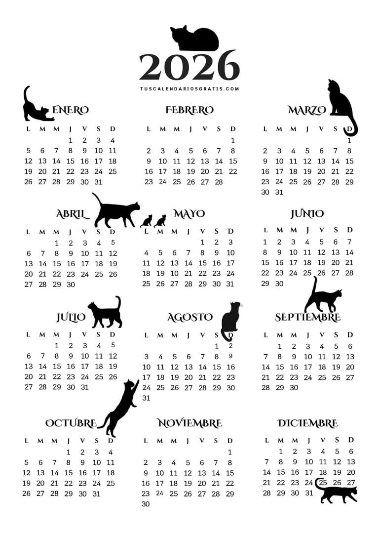 Calendario anual 2026 elegante con Siluetas de gatos en Blanco y negro Simple para descargar.