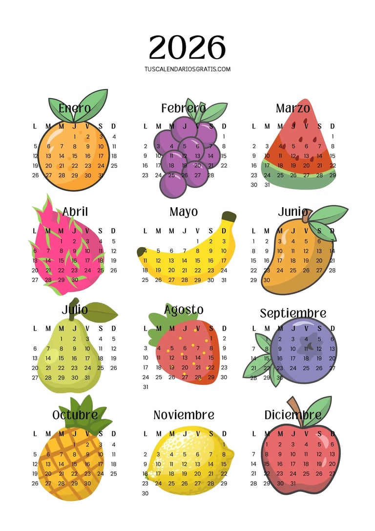 Calendario anual 2026 con frutas para imprimir gratis diseño alegre y colorido para organización y p