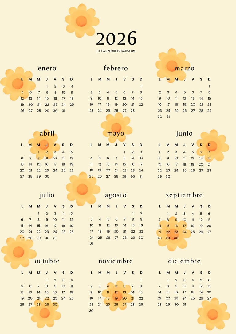 Calendario anual 2026 diseño floral con margaritas imprimible