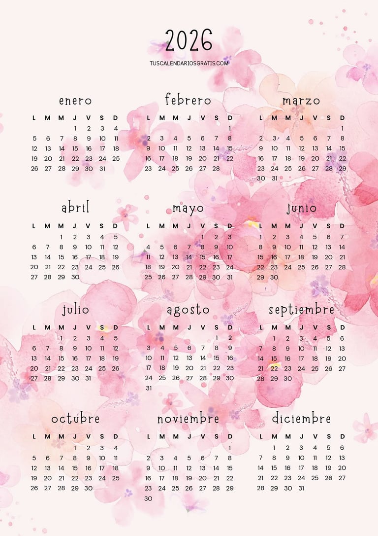 calendario anual 2026 explosión floral para imprimir gratis diseño colorido organización planificaci